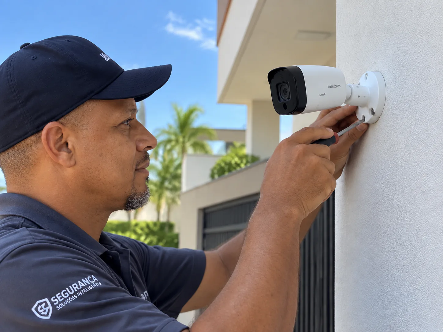 Profissional instalando uma câmera de segurança na parede externa de uma residência